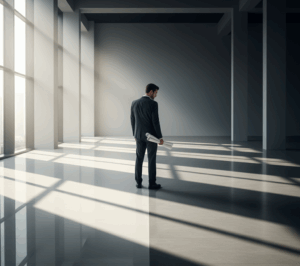 Homem de terno em pé no centro de um grande espaço vazio com janelas altas, segurando plantas de obra, observando o reflexo da luz natural no piso.