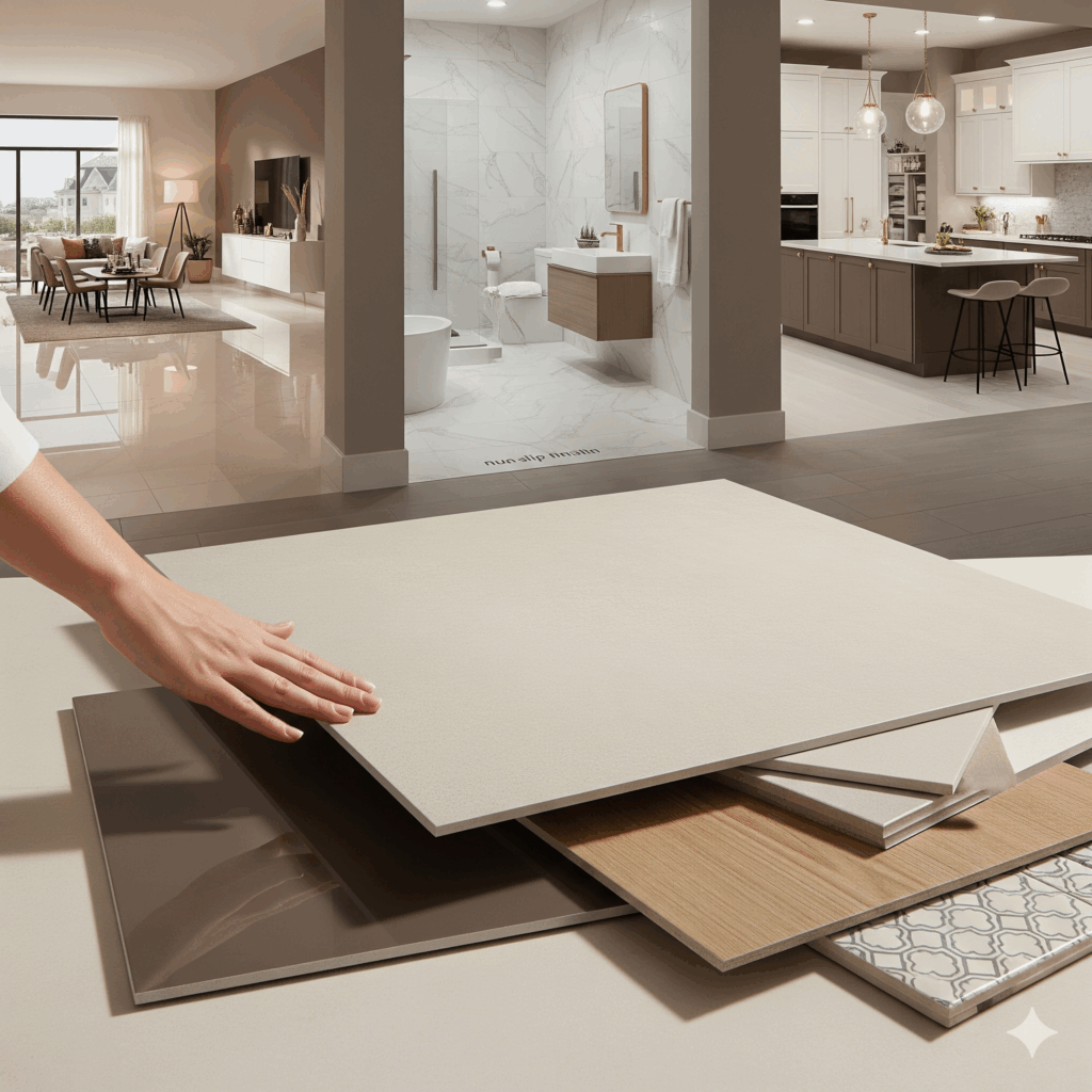 Mão tocando uma pilha de amostras de porcelanato de diferentes cores e texturas (claro, madeira, estampado), com ambientes de sala de estar, banheiro e cozinha modernos desfocados no fundo.