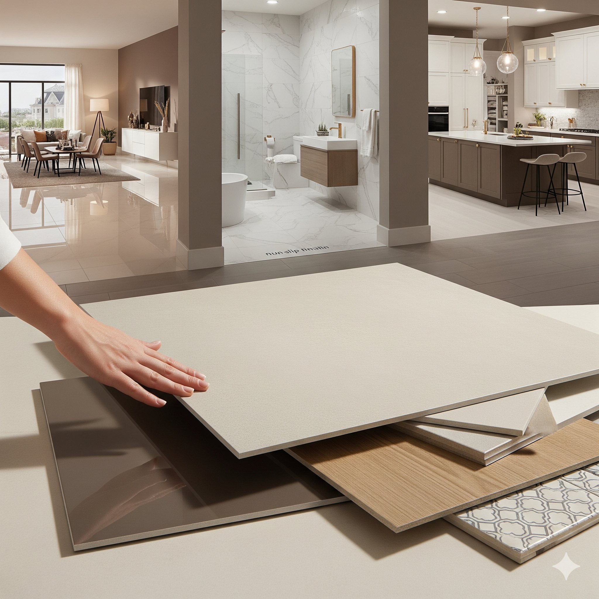 Mão tocando uma pilha de amostras de porcelanato de diferentes cores e texturas (claro, madeira, estampado), com ambientes de sala de estar, banheiro e cozinha modernos desfocados no fundo.