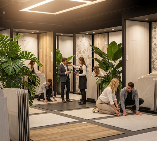Um showroom de porcelanato moderno e bem iluminado, onde clientes e vendedores interagem com diversos tipos de pisos, incluindo opções polidas e que imitam madeira, em um ambiente decorado com grandes plantas tropicais.
