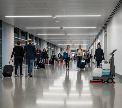 Um corredor de aeroporto ou terminal de trânsito bem iluminado, limpo e moderno. O piso é de um material cinza brilhante, refletindo as luzes do teto e as pessoas que andam. Um grupo de pessoas caminha pelo corredor, algumas com bagagem. Uma máquina de limpeza está visível no lado direito da imagem, contribuindo para a estética limpa.