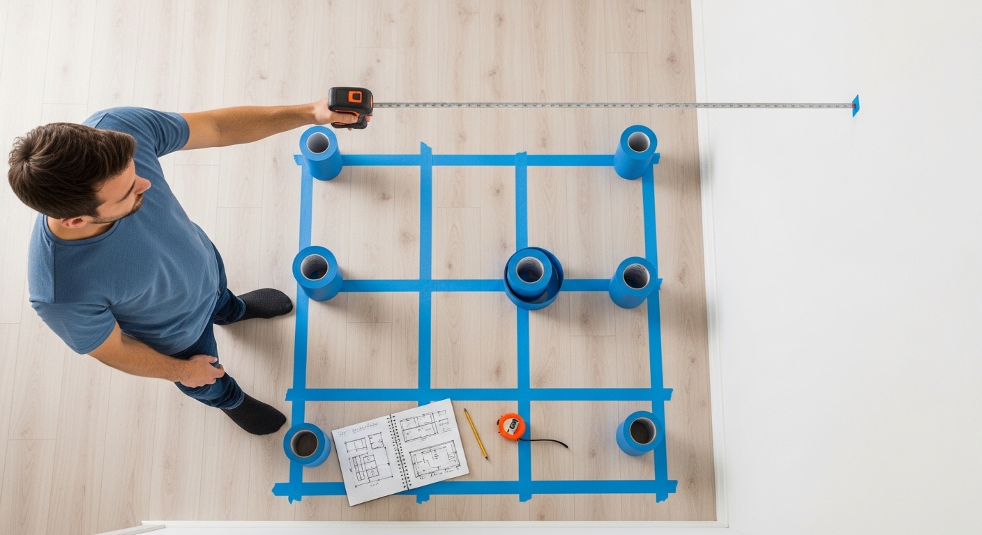 Vista aérea de um profissional realizando a medição de um layout no chão de madeira clara. Ele utiliza uma trena esticada até a parede e fita adesiva azul para marcar uma grade quadriculada no piso. Ao lado, um caderno aberto exibe plantas arquitetônicas detalhadas, acompanhado de um lápis e uma trena manual, simbolizando o início de um projeto de design de interiores ou reforma estrutural